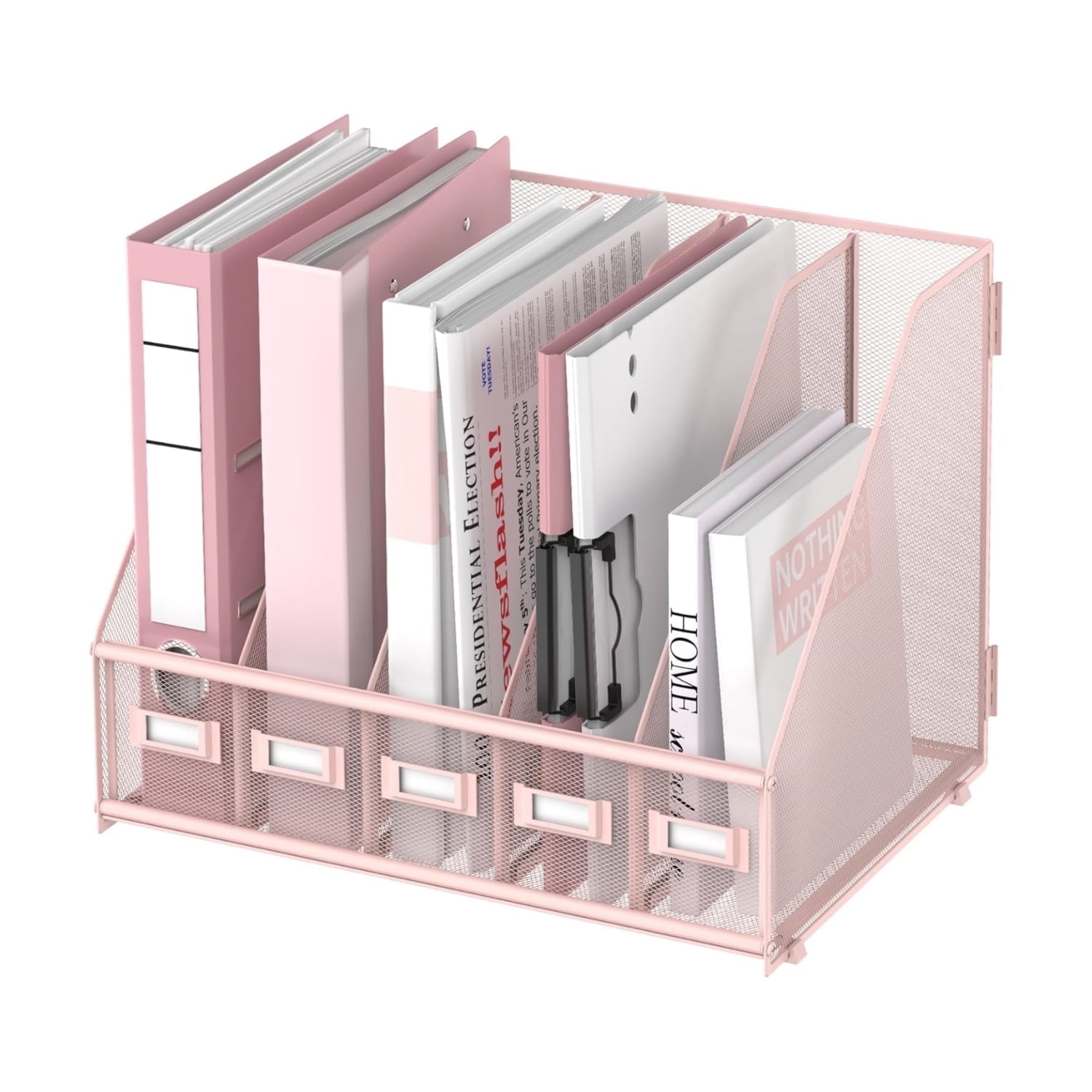 INTIGE Metal Mesh Desk File Organizer with 5 Vertical Compartments, Pink, Desk Organizer, Plus, Assemble
