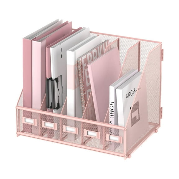 INTIGE Metal Mesh Desk Organizer Magazine File Rack with 5 Vertical Compartments, Pink, 1 Piece