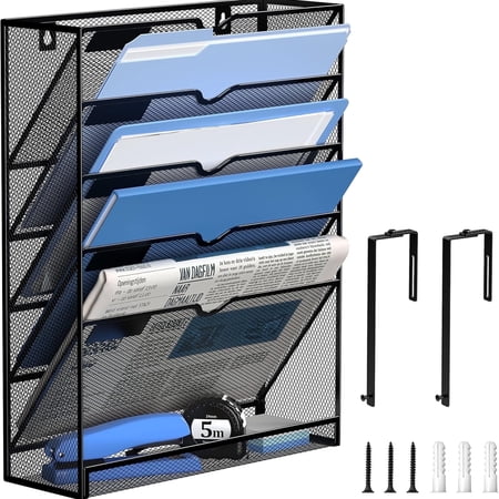 INTIGE Metal Mesh Wall File Holder 6 Tier Hanging File Organizer with Hooks, Wall Mount Paper Organizer, Black