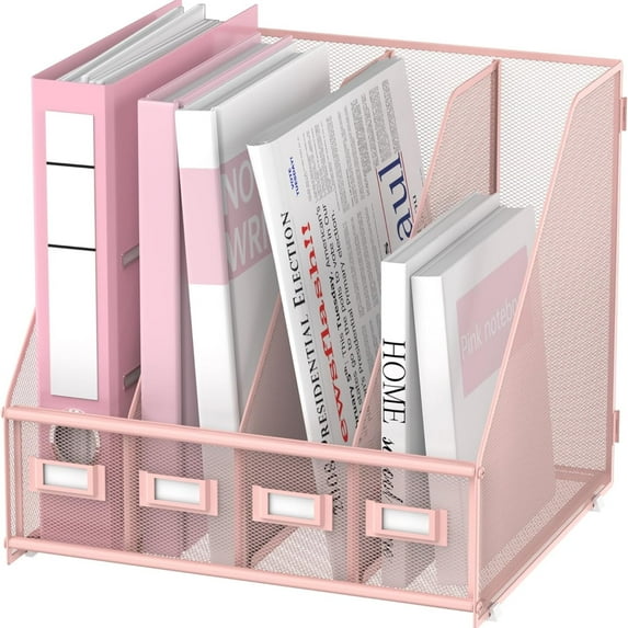 INTIGE Metal Office Desk File Holder with 4 Vertical Compartments, Desktop Magazine File Holder, Pink