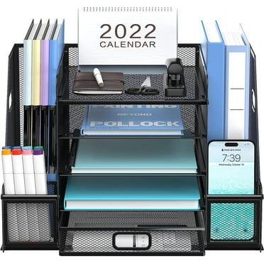INTIGE Paper 5 Compartment Mesh Desk Organizer with Drawer, Black