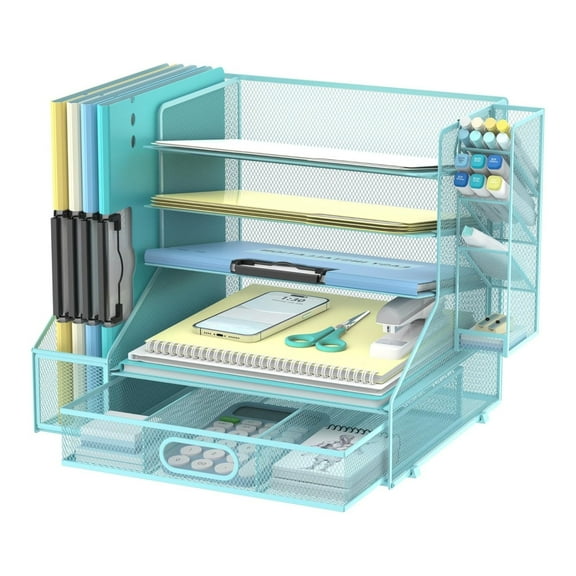 INTIGE Paper Organizer for Desk with 3 Pen Holders, 5-Tier Desk Organizer Tray with Handles, Metal File Organizer Storage
