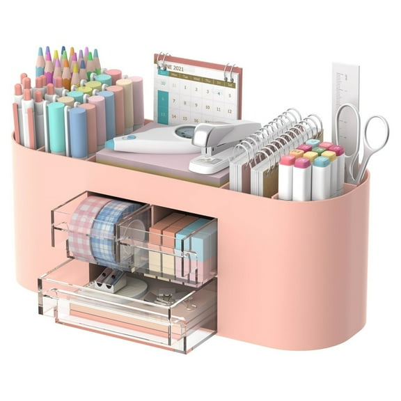INTIGE Plastic Desk Organizer with Pencil Pen Holder, 10-Compartment Pen Organizer with 3 Drawers