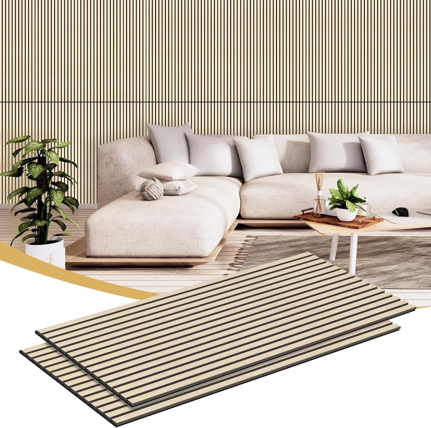 INTIGE Wood Slat Wall Panel 2 Pcs Soundproof Wall Panels 47.2 x 23.6 in Wood Wall Panels 3D Sound Dampening Panels Wall Decoration - Oak