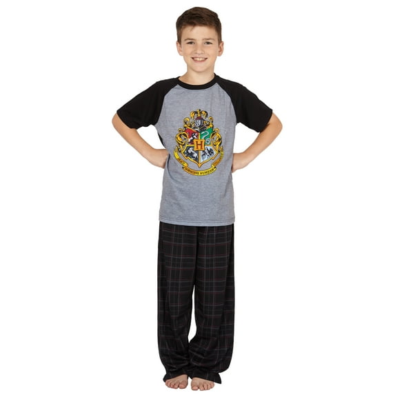 INTIMO Harry Potter Boy's 2-Piece Hogwarts Crest Raglan Short Sleeve Shirt Plaid Pajama Pant Sleep Lounge Set