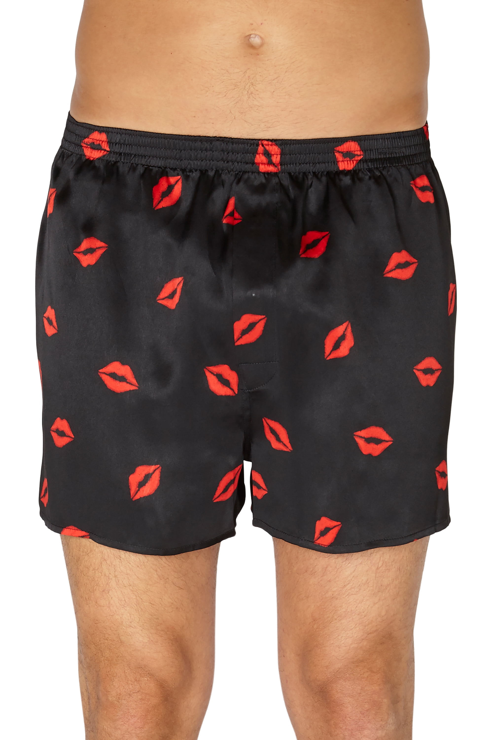 INTIMO Mens Red Lips Silk Boxers, Black, XLarge