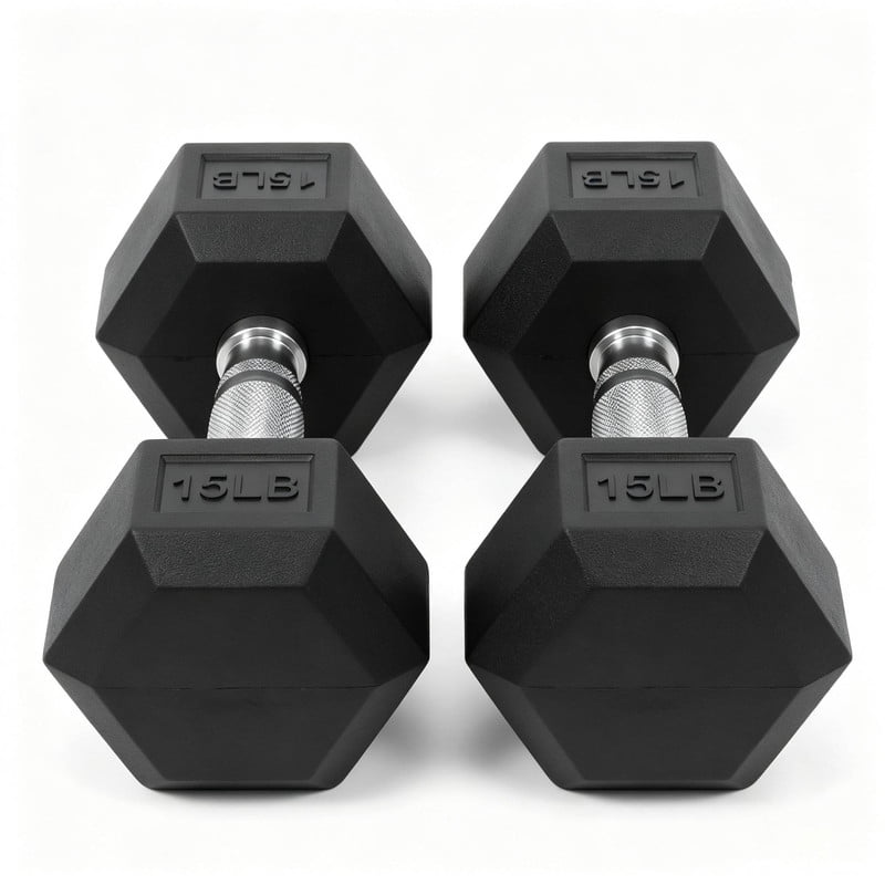 INTRTLOCKINGING TILES 15 LB Dumbbells Set of 2, Rubber Hex Hand Weights with Textured Metal Handles, Fixed Weight Dumbbells for Home Workout and Fitness Training