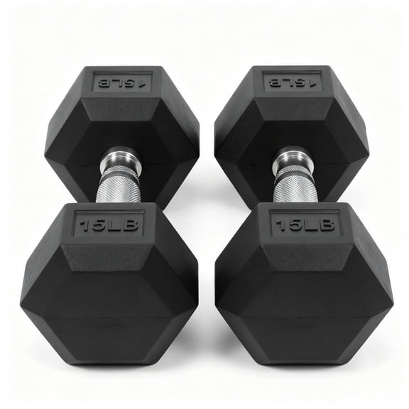 INTRTLOCKINGING TILES 15 LB Dumbbells Set of 2, Rubber Hex Hand Weights with Textured Metal Handles, Fixed Weight Dumbbells for Home Workout and Fitness Training