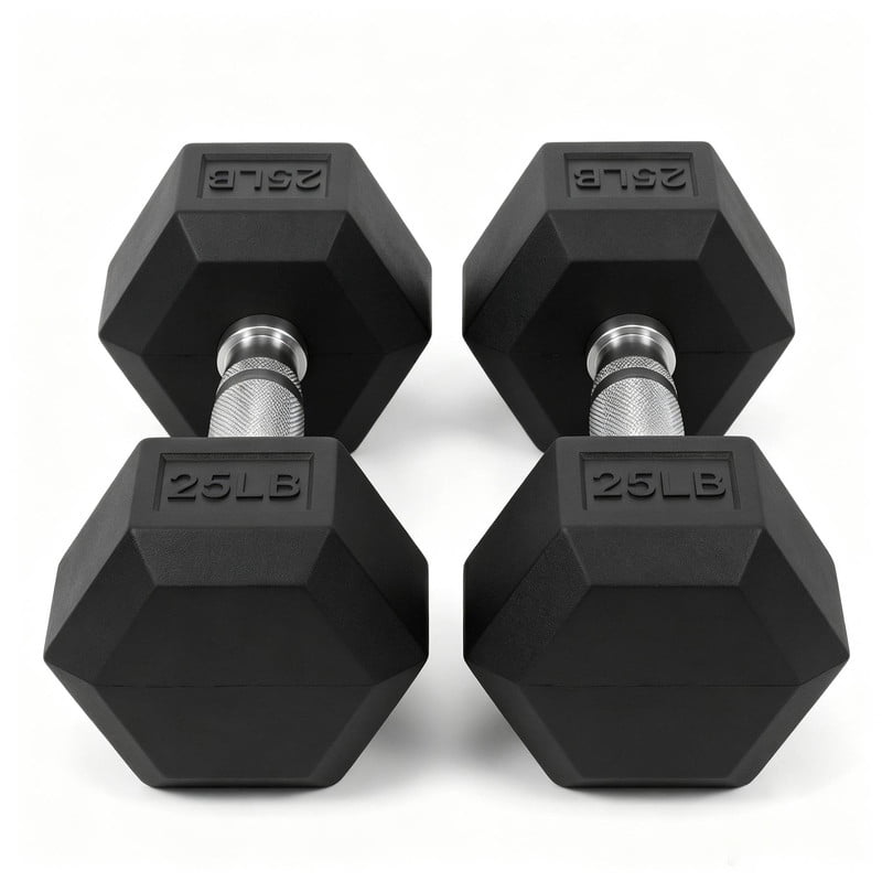 INTRTLOCKINGING TILES 25 LB Dumbbells Set of 2, Rubber Hex Hand Weights with Textured Metal Handles, Fixed Weight Dumbbells for Home Workout and Fitness Training