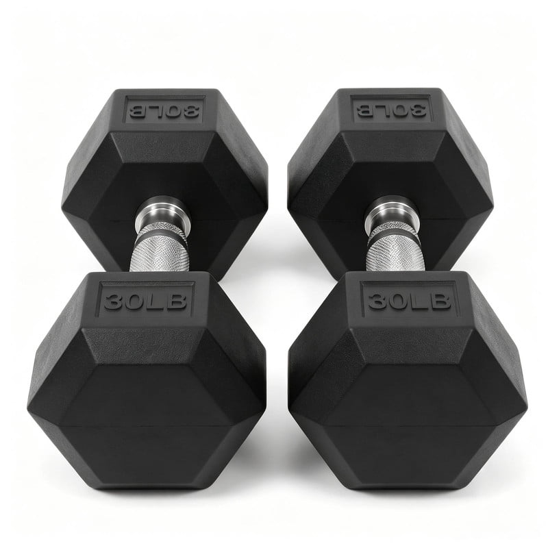 INTRTLOCKINGING TILES 30 LB Dumbbells Set of 2, Rubber Hex Hand Weights with Textured Metal Handles, Fixed Weight Dumbbells for Home Workout and Fitness Training