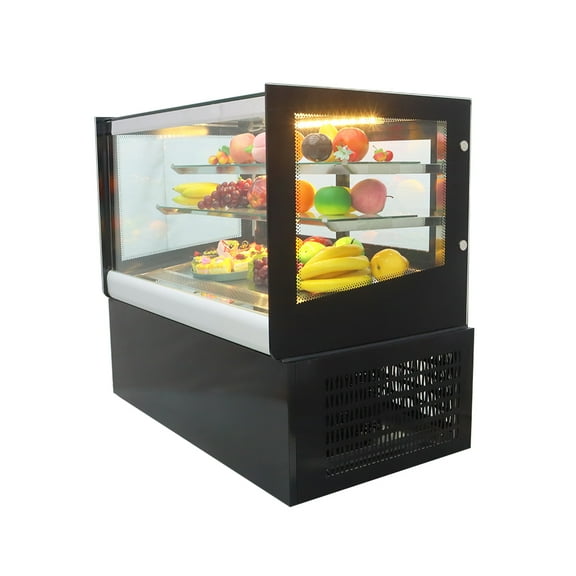 INTSUPERMAI 35" Refrigerated Cake Showcase Cooling Display Case Bakery Cabinet Defrost Right Angle 2-layer Back Sliding Door Desktop 220V