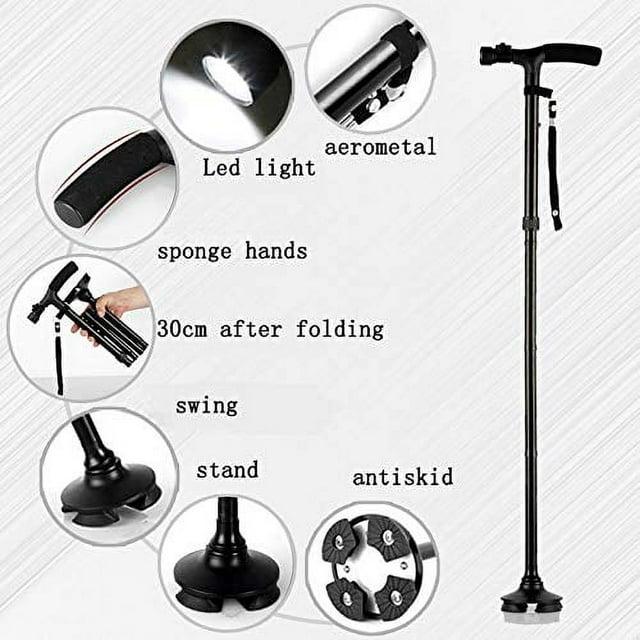 INTSUPERMAI Magic Cane Folding LED Safety Walking Stick 4 Head Pivoting