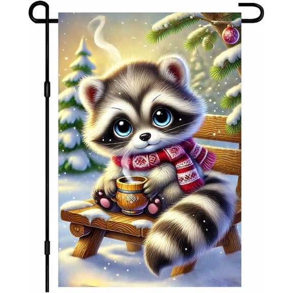 INV Winter Garden Flag 12x18 Inch Double Sided Festive Raccoon Yard Banner Porch Outdoor Seasonal House Lawn Snowy Cozy Animal Decoration with Hot Drink for Lawn Porch Seasonal Display