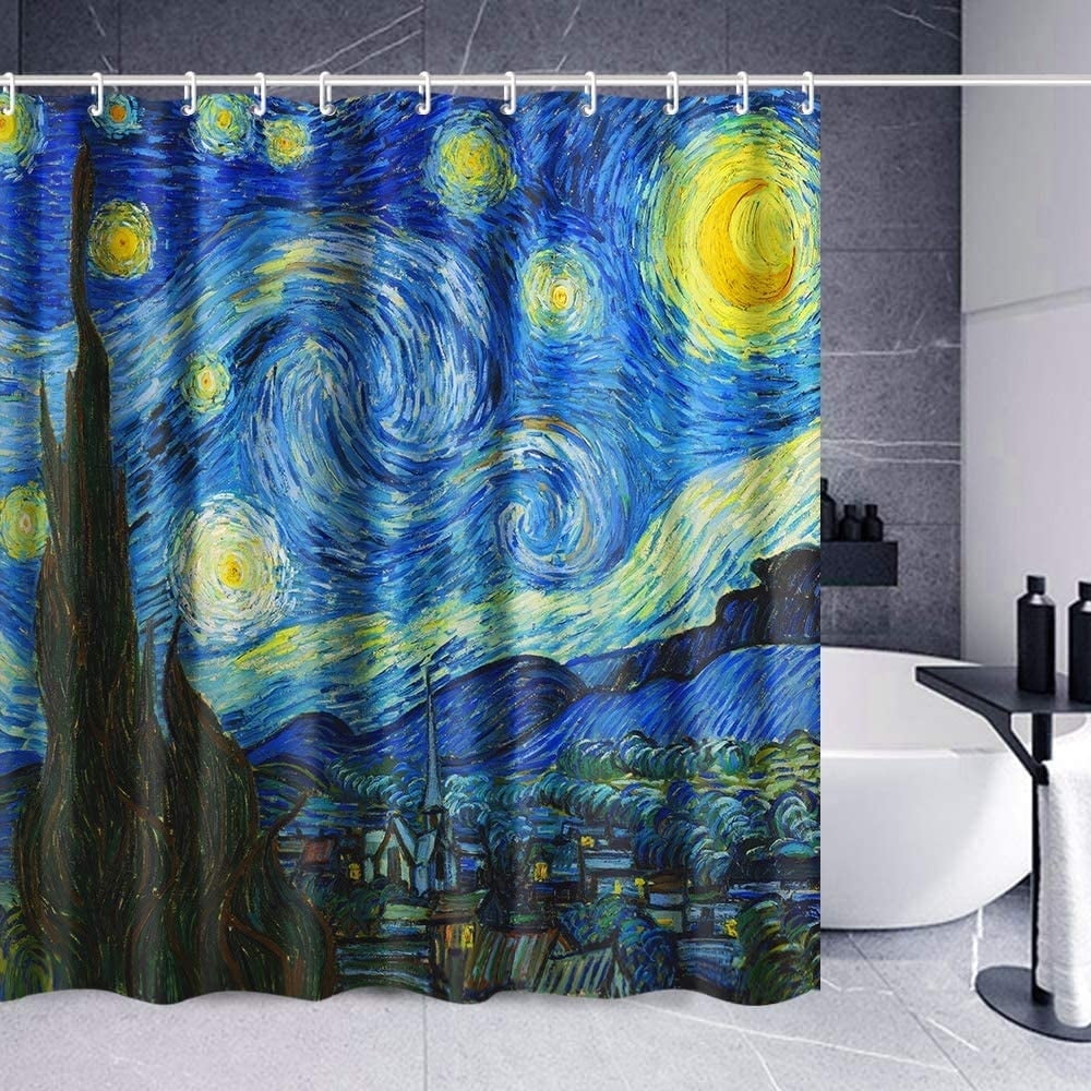 Starry Night Blue and Yellow Polyester Shower Curtain with Hooks