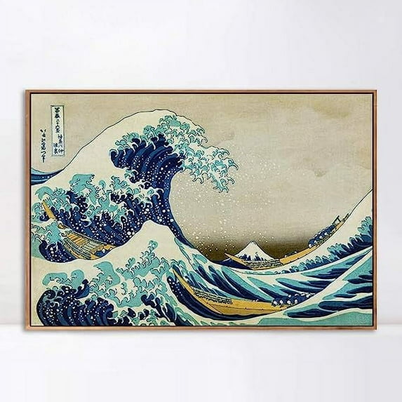 INVIN ART Framed Canvas Giclee Print Great Wave of Kanagawa by Katsushika Hokusai Wall Art Living Room Home Office Decorations(Wood Color Slim Frame,28"x40")