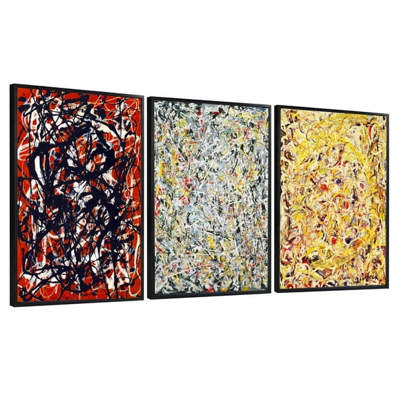 INVIN ART Framed Canvas Print Combo Painting 3 Pieces by Jackson Pollock Anstract Wall Art, 24"x32" Each Piece