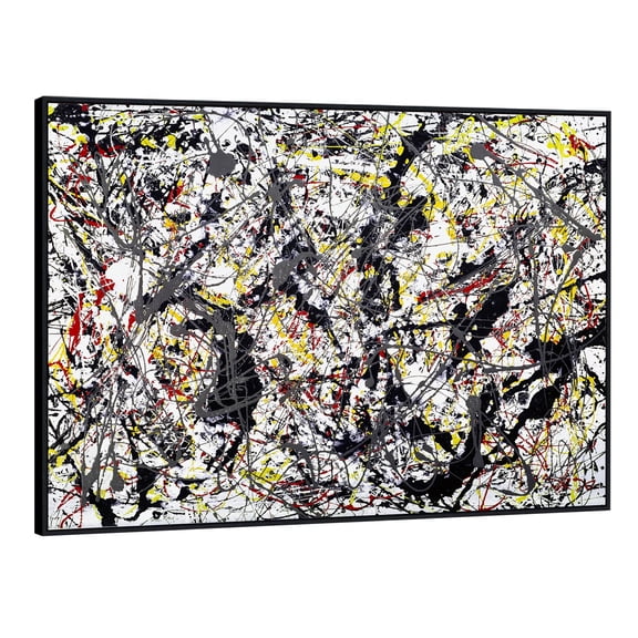 INVIN ART Framed Canvas Print Silver Over Black, White, Yellow and Red by Jackson Pollock Modern Wall Art