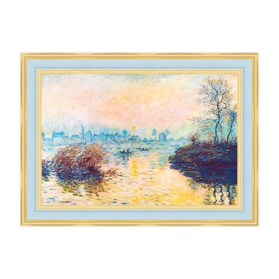 INVIN ART Framed Canvas Wall Art Sunset on the Seine, Winter Effect, 1880 by Claude Monet Print Impressionist Landscape Painting Living Room Office Decor(Light Blue with Gold,28"x40")