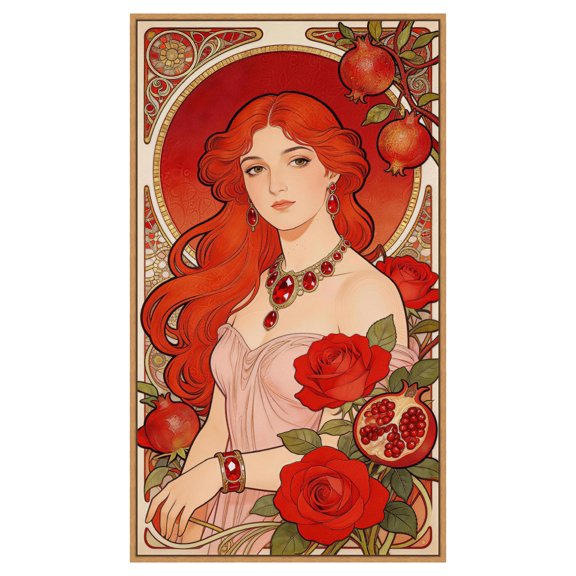 INVIN ART Framed Print Inspired by Mucha Woman with Ruby Jewels Wall Art