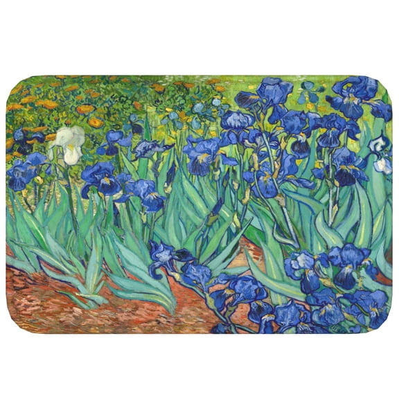 INVIN ART Front Door Mat, Famous Painting Bathroom Rug Home Decor-Irises by Van Gogh, Flannel Welcome Mat Anti-Slip Entryway Rug for Entrance, Kitchen, Mud Room,Bedroom, 24"x36"