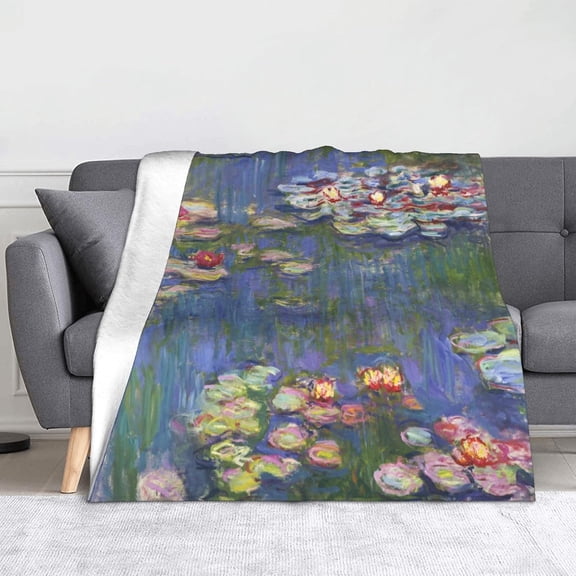 INVIN ART Soft Flannel Blanket, Famous Art Print Throw Blanket- Water Lilies 1916 by Claude Monet for Sofa Couch Bed Room, Art Gift for Christmas Birthday