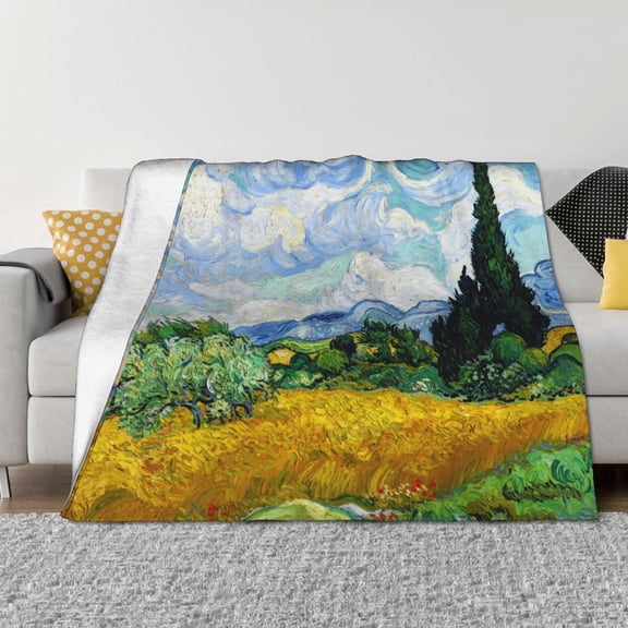 INVIN ART Soft Flannel Blanket, Famous Art Print Throw Blanket- Wheat Field with Cypresses by Vincent Van Gogh for Sofa Couch Bed Room, Art Gift for Christmas Birthday