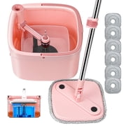 INWEJIA Spin Mop and Bucket Set with Telescopic Stainless Steel Handle, Pink, 6-Piece
