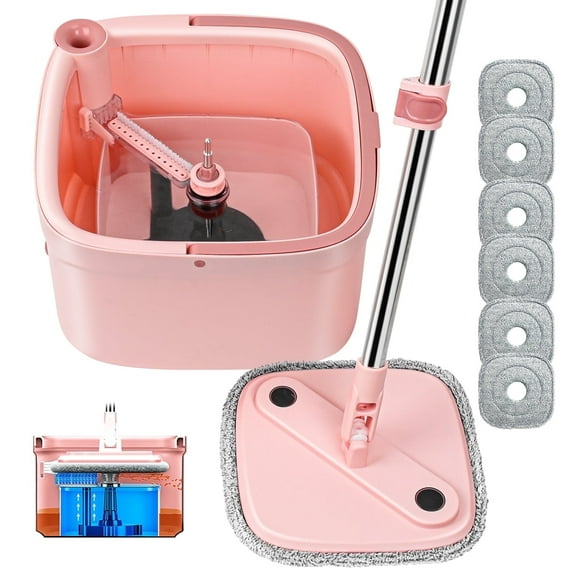 INWEJIA Pink 6PC Spin Mop and Bucket with Telescopic Stainless Steel Handle
