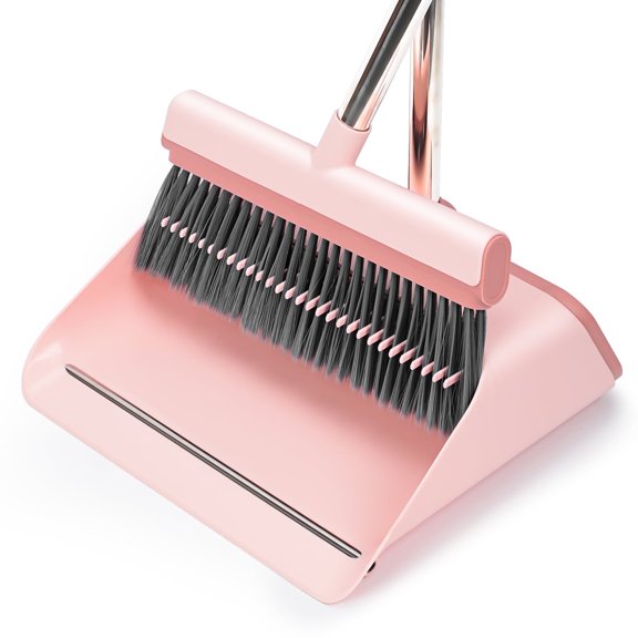 INWEJIA Standing Dust Pan & Angle Broom Set with Comb, Stainless Steel Handle, Plastic Brush for Floor Cleaning