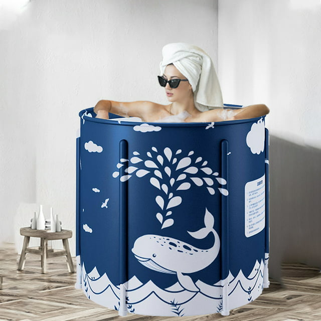 INXTAINER Portable Bathtub Folding Soaking Shower Bathing Tub Freestanding Family SPA Tub for Hot Ice, 27.5x25.5in, Blue