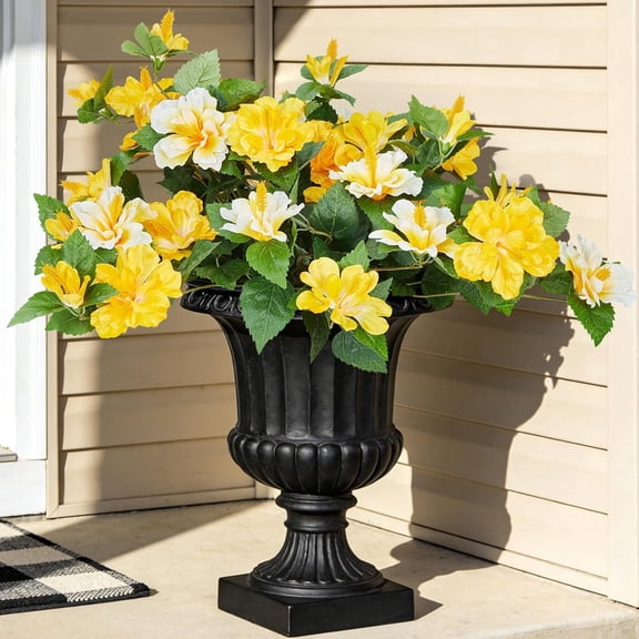 INXUGAO Artificial Flowers for Outdoors Indoors,2 Bunches Fake Hibiscus with Realistic UV Resistant Silk Flower Fabric Leaves,Faux Plants Outside for Home Patio Garden Yard Poch Decor(Yellow,White)