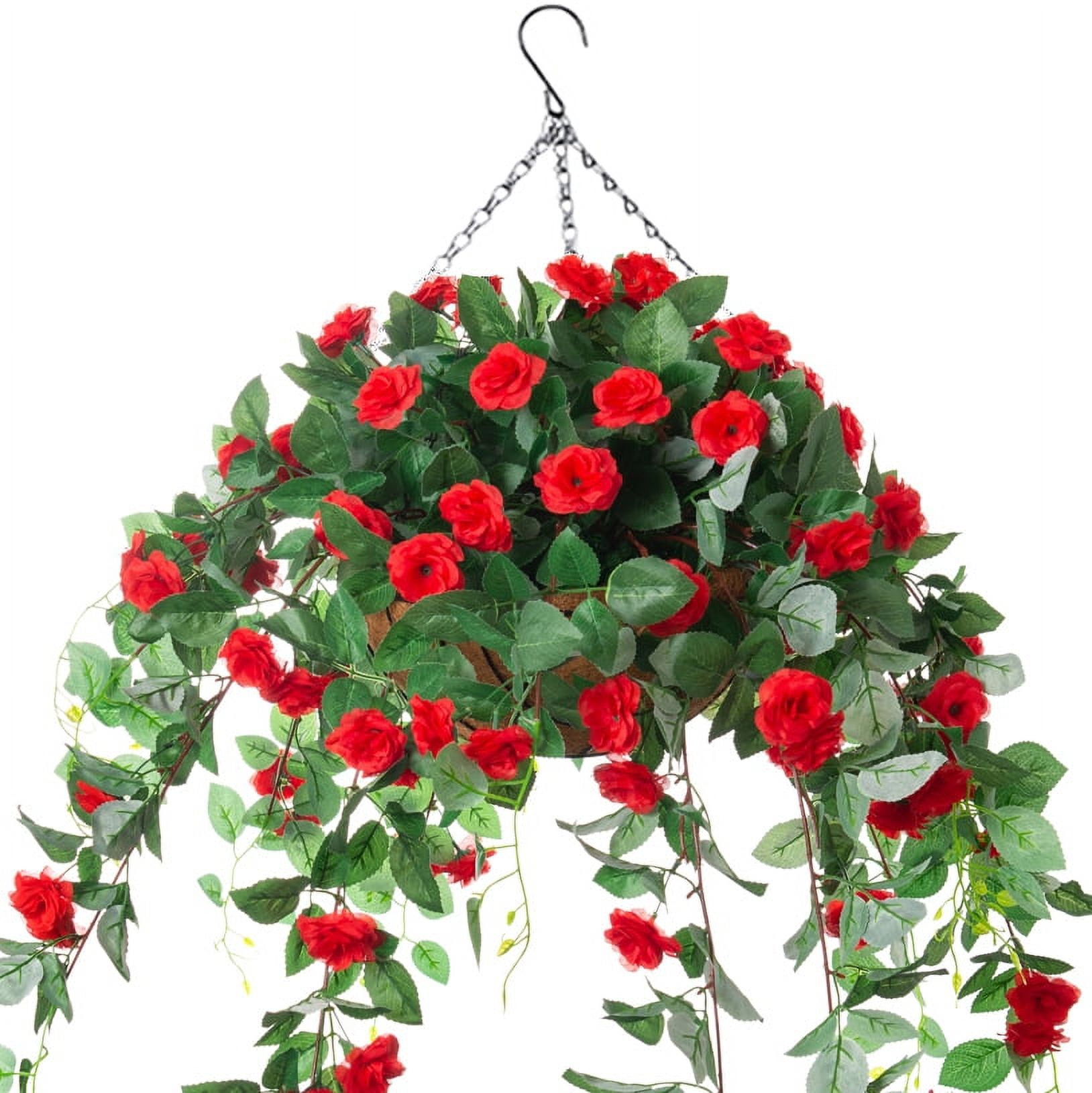 INXUGAO DIY Red Silk Rose Flower in Hanging Basket, 12 inch Coco Lining ...