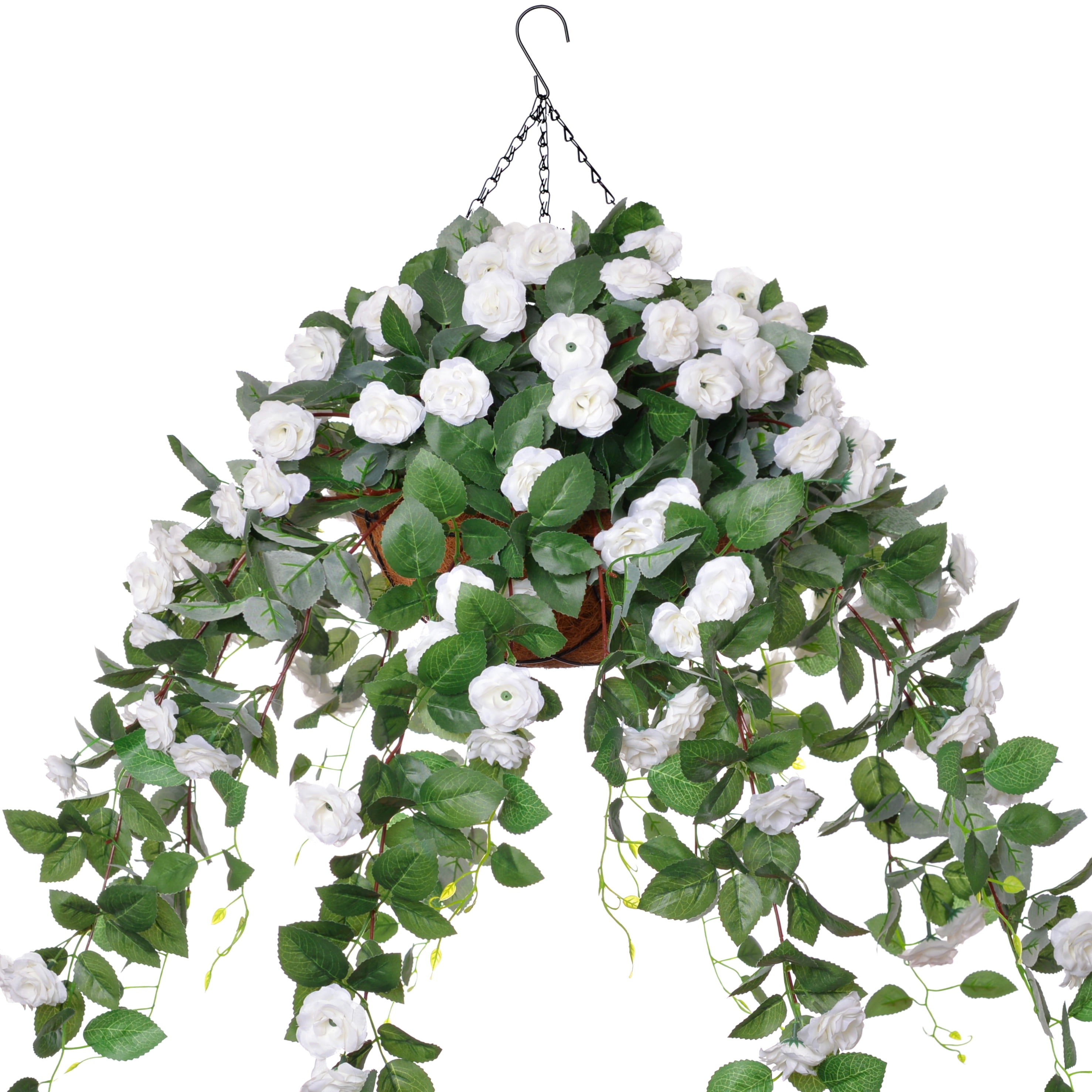 INXUGAO White Artificial Silk Rose Flower in Hanging Basket with 12 ...