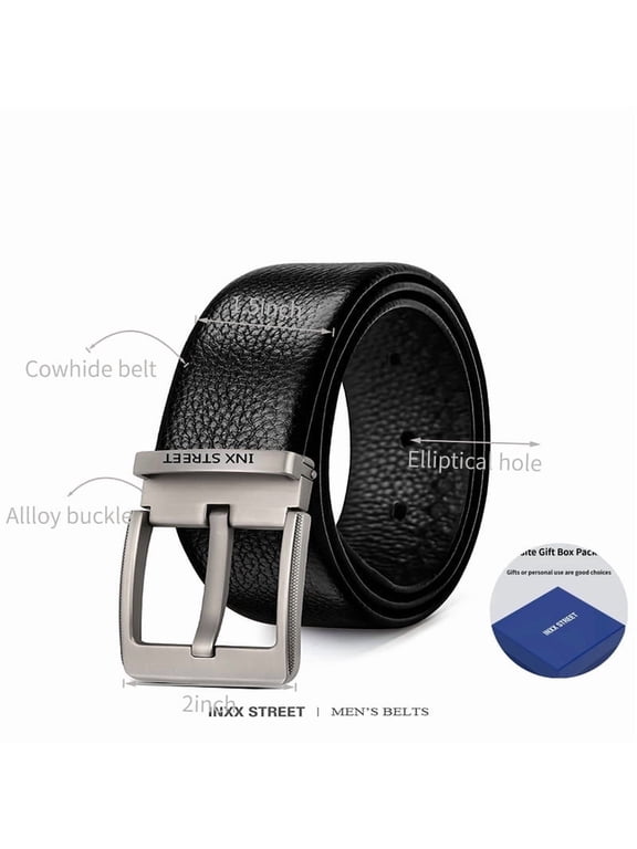 Cowhide Leather Alloy Pin Buckle Black Soft Belt for Men Waist 50 inch Business Casual Durable,Gift Box&Width 1.5 inch