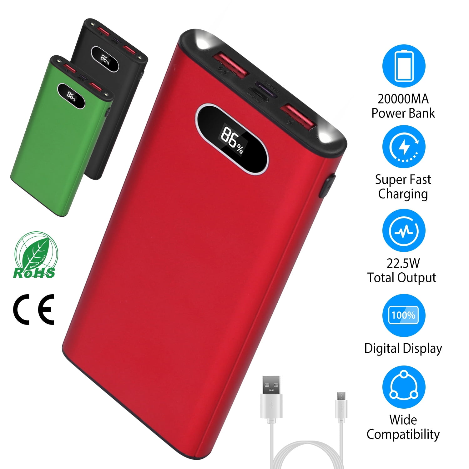 INova Portable 20000mAh Power Bank, 22.5W Super Fast Charging with LED Display Flashlight,Red