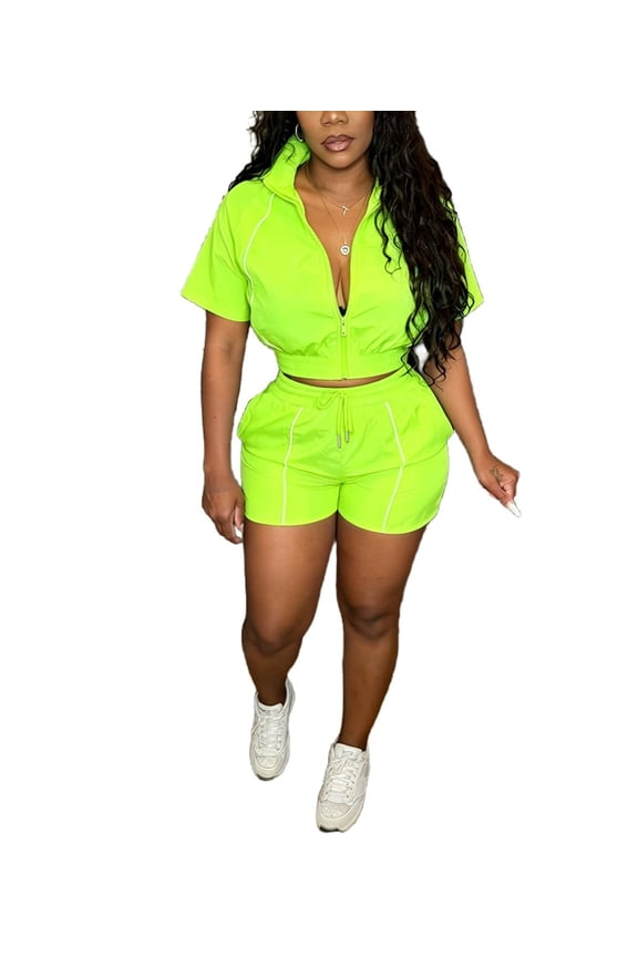 IOA OAI 2 Piece Outfits for Women Long Sleeve Color Contrast Striped Zip Up Top and Casual Shorts Sets Going Out Outfits