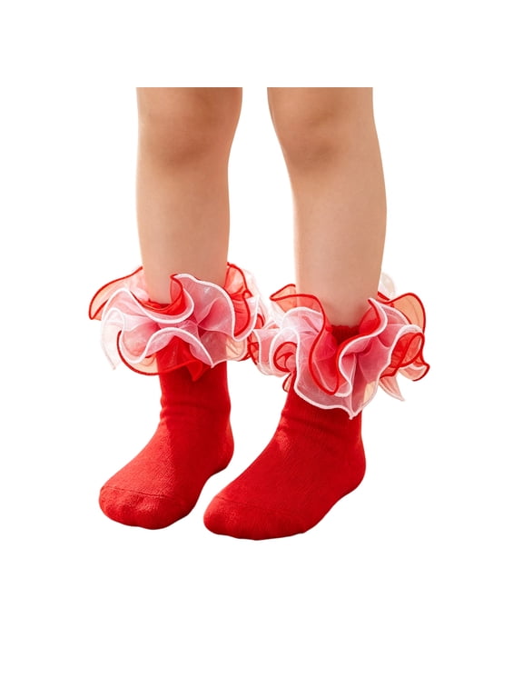 Girls Ballet Dance Socks with Lace Trim Ruffle Ankle Socks Breathable Princess Costume Accessories for Toddler Kids Birthday Party Performance Daily Wear,Red XL