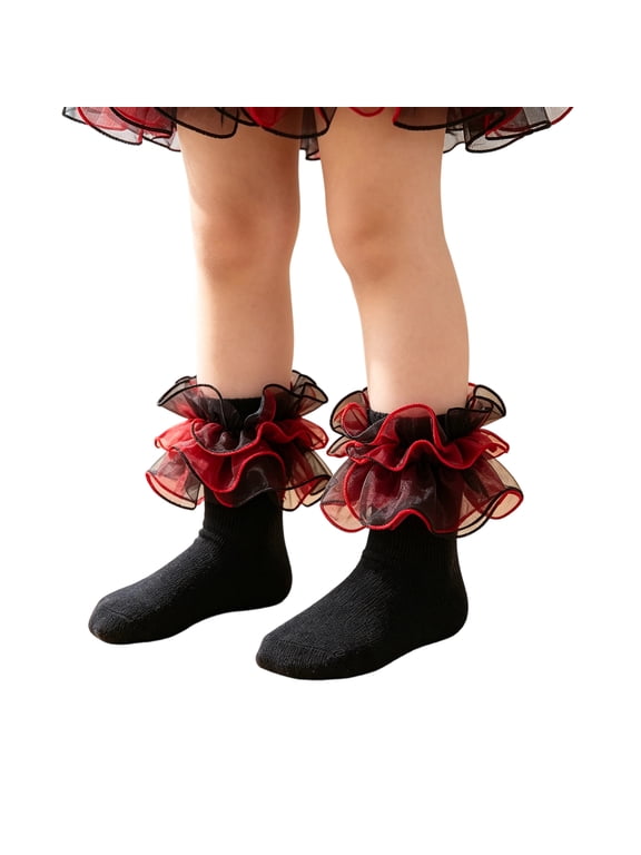 Girls Ruffle Ankle Socks with Lace Trim, Breathable Mesh Tutu Socks for Kids, Princess Dress Up Accessories for Ballet Dance Parties Holiday Photoshoots,Black L