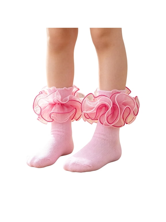 Girls Ruffle Ankle Socks with Lace Trim, Breathable Mesh Tutu Socks for Kids, Princess Dress Up Accessories for Ballet Dance Parties Holiday Photoshoots,Pink XL