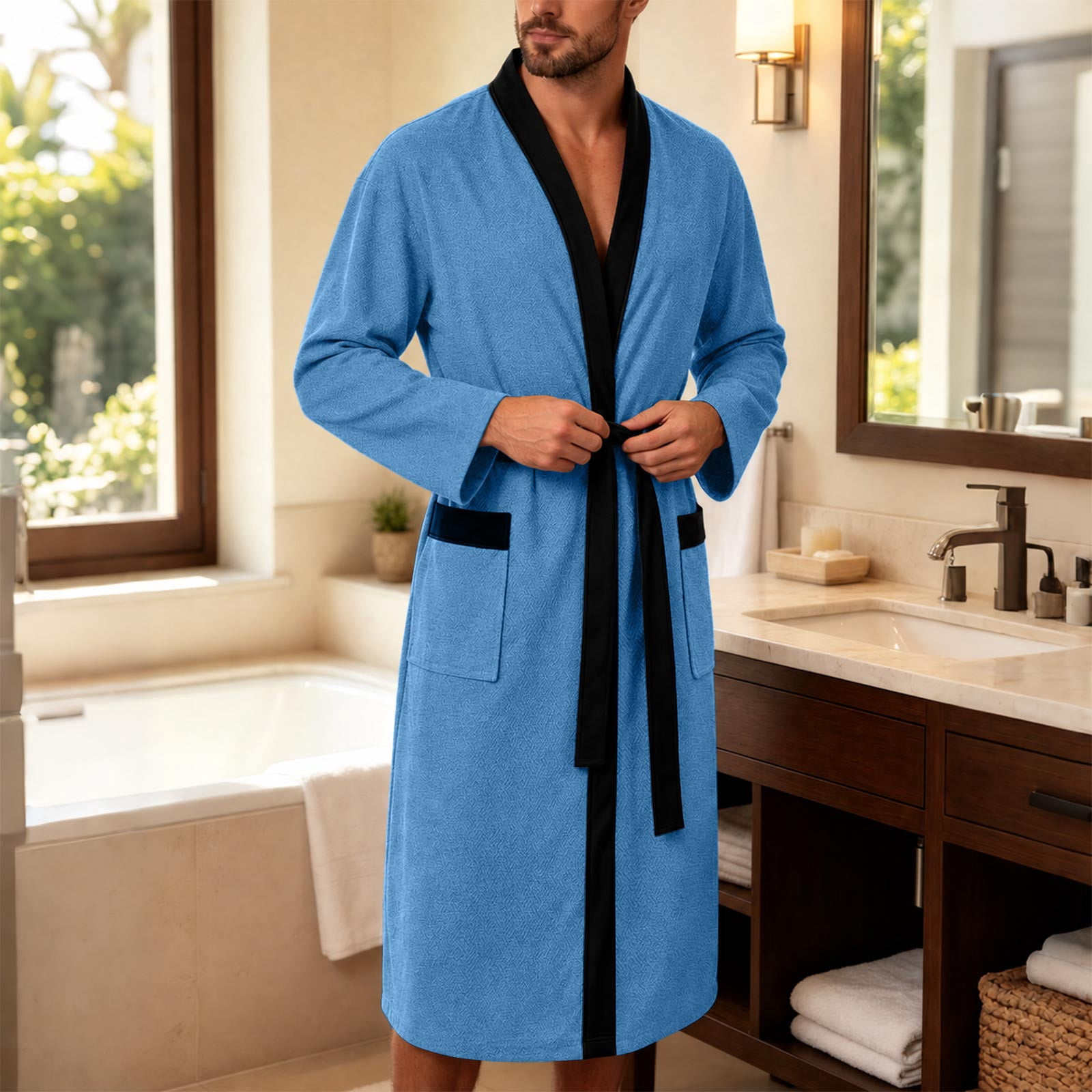 IOFYNRA Men's Soft Herringbone Terry Bathrobe, Lightweight Long Sleeve ...