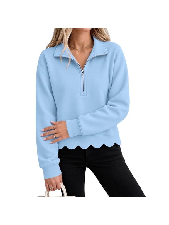 Scalloped Sweatshirt Women Fall Oversized Ruffle Half Zip Pullover Tops, Quarter Zip Ribbed Cuffs Pullover, Winter Layering Casual Travel,Light Blue 2XL
