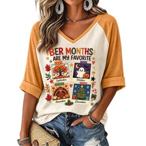IOFYNRA Women's Ber Months Are My Favorite Print Raglan Shirt, V Neck 3/4 Sleeve Fall Halloween Thanksgiving Christmas Graphic Tee, Vintage Casual Women's Autumn Holiday Top,Orange M