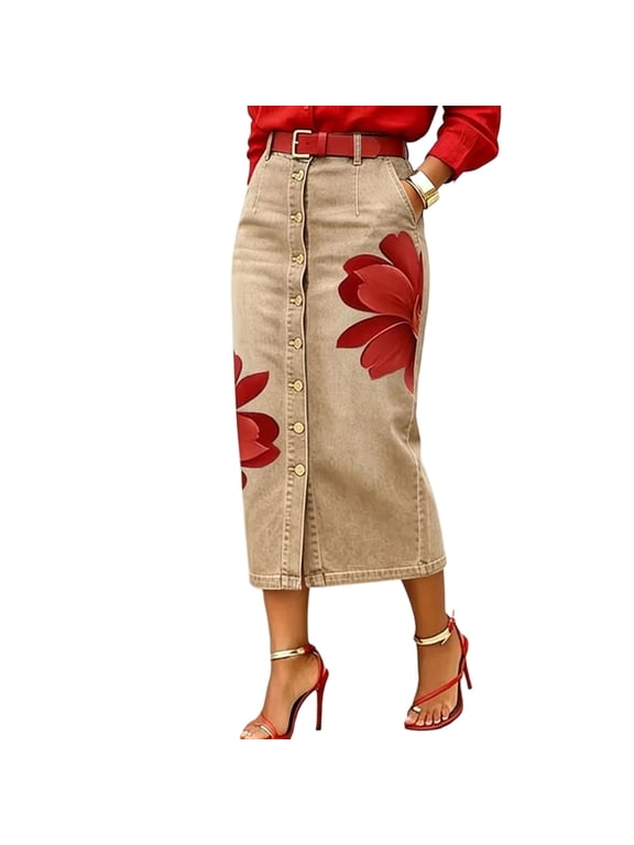 Women's High Waisted Denim Midi Skirt, Floral Print Button Front Straight Jean Skirt with Pockets,Camel M