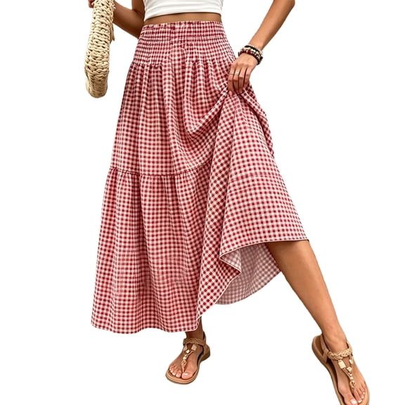 IOFYNRA Women's Stretchy High Waist Smocked Gingham Skirt Tiered Ruffle Flowy A-Line Pastoral Midi Skirt with Pockets,Red S