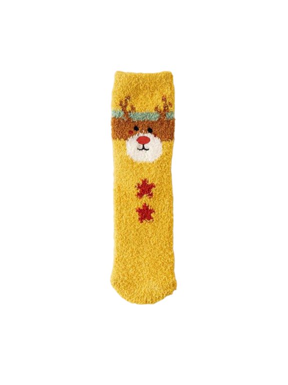Womens Christmas Fleece Crew Socks Cartoon Sleeping Socks Soft Plush Home Socks Mid Calf Winter Warm Lounge Socks,Yellow