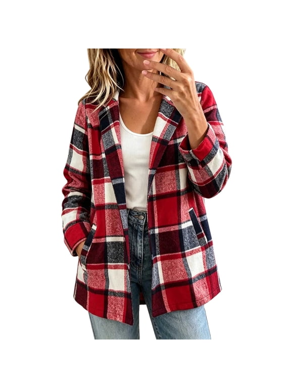 Womens Oversized Plaid Blazer Long Sleeve Lapel Collar Open Front Casual Jacket Fall Outfits,Red 2XL