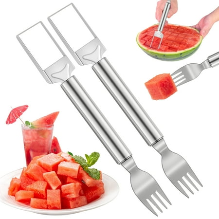 IOKUKI 2 PACK 2-in-1 Watermelon Cutter and Fork, 9.5 Inch Stainless Steel Fruit Cutter Slicer Tool