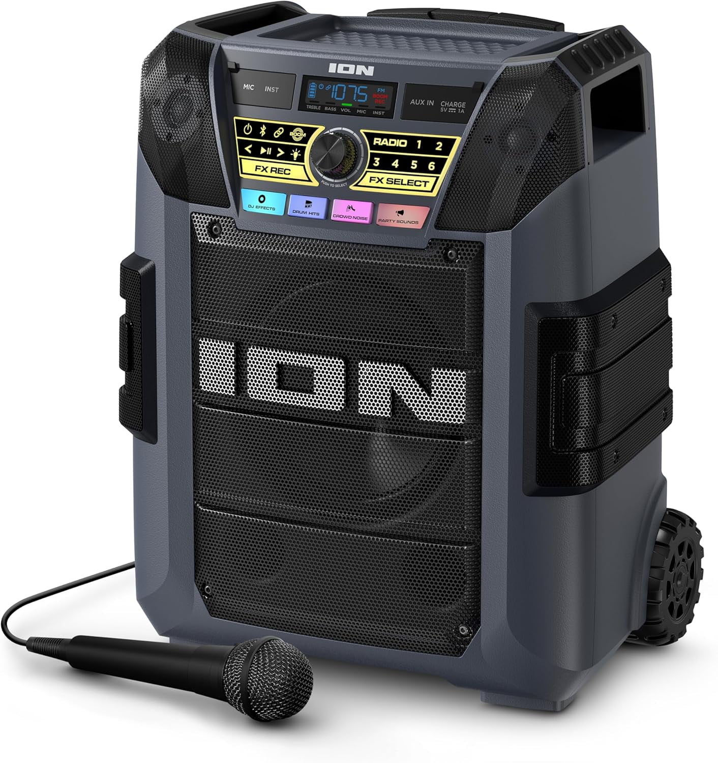 ION Block Rocker XL - Portable Bluetooth Outdoor Party Speaker, 220W, with Karaoke Microphone, Battery, 5 Speakers, Lights, Radio, USB Charging & App