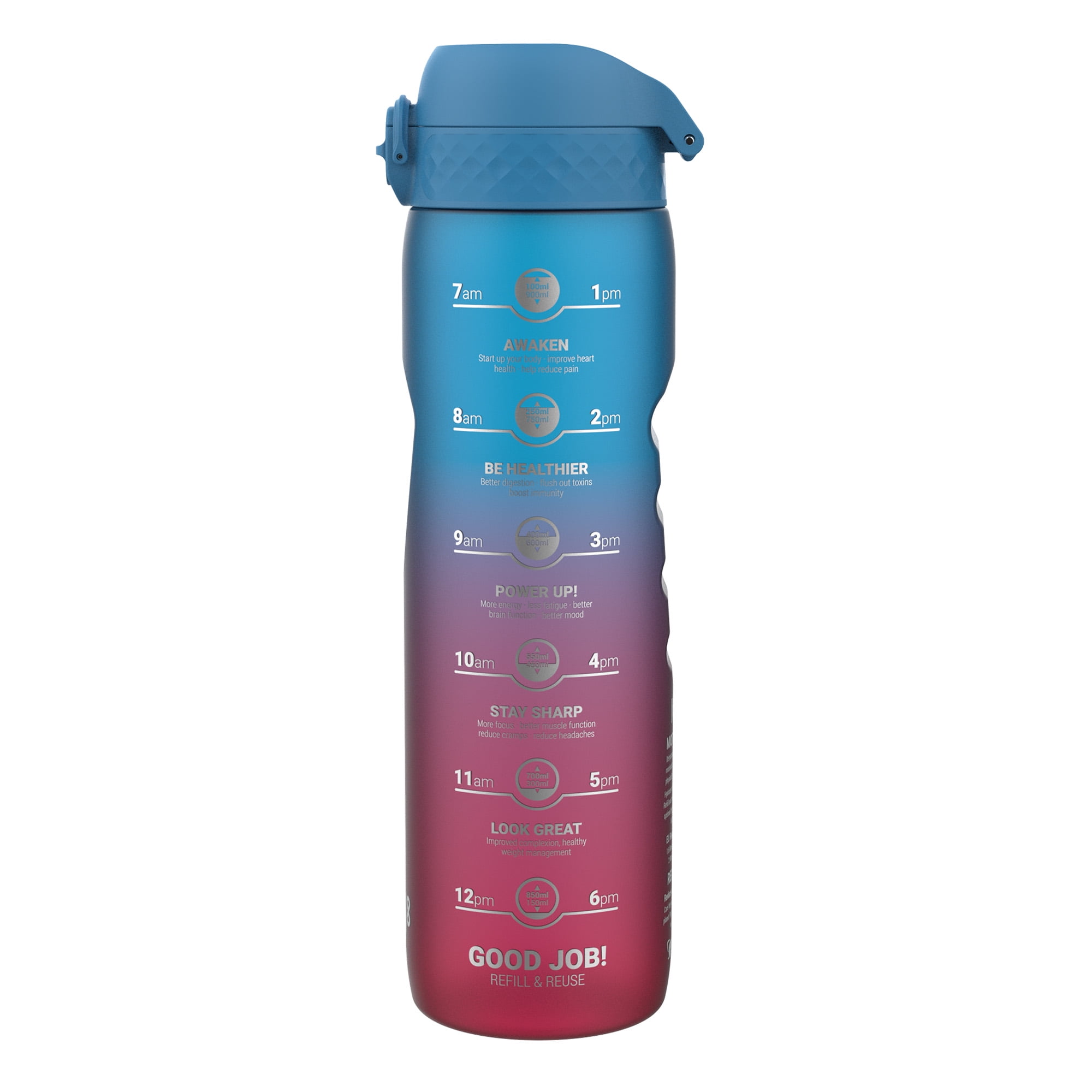 ION8 Leak Proof Flip-Top 1L Water Bottle with Times to Drink, BPA Free, Blue & Pink, 1000ml (32oz)
