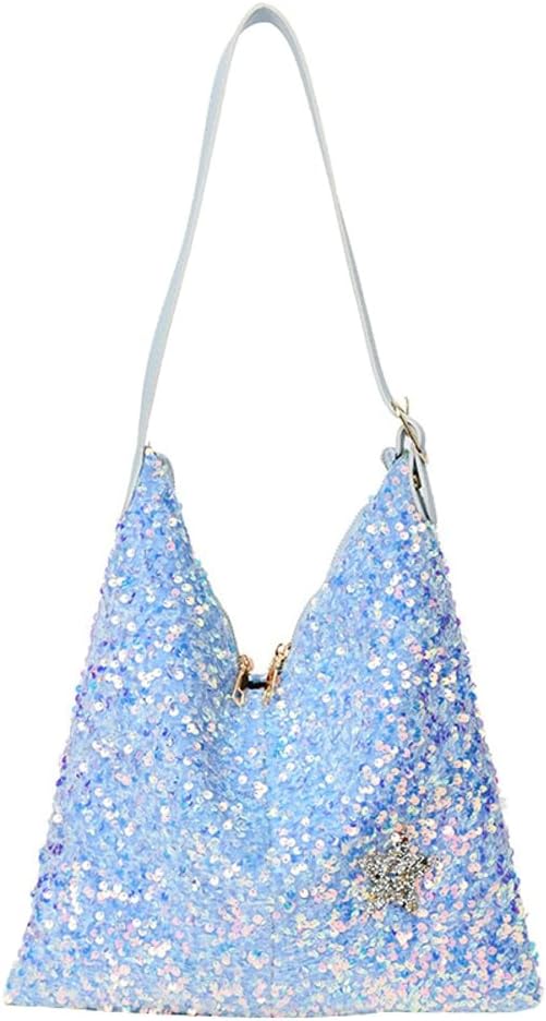 Sac à Main Hobo Pailleté Mesh Bleu Aqua - Occasion, Style Bohème, Bandoulière, Fermeture Bouton